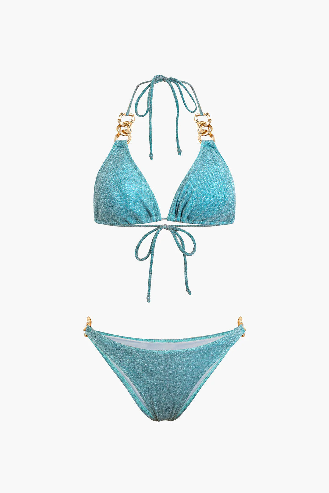 Metallic Decor Halter Neck Tie Up Ruched Bikini Set - Weenar