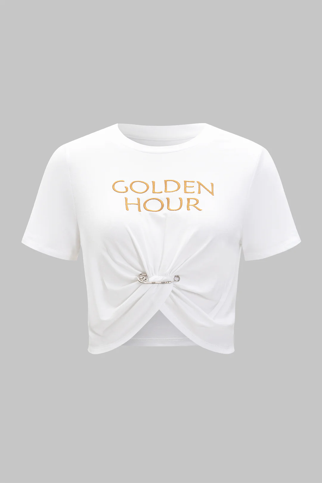 Metallic Decor Embroidery Ruched Short Sleeve T-Shirt - Weenar