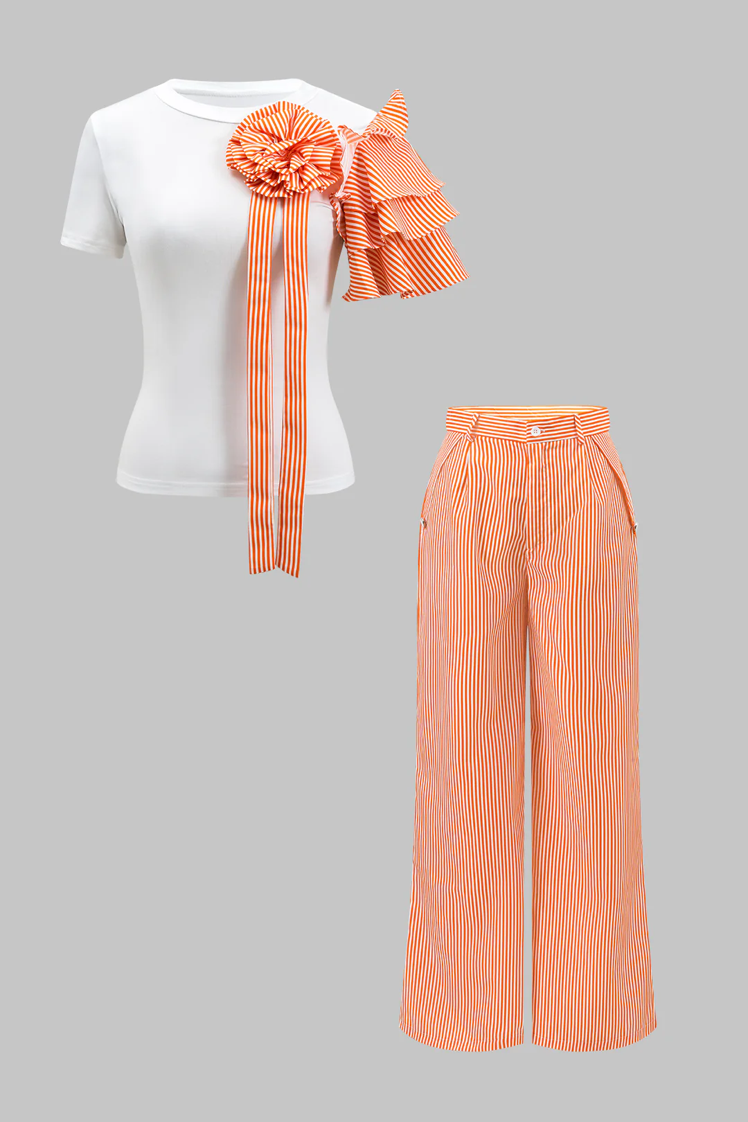 Stripe Print 3D Floral Short Sleeve Top And Button Wide Leg Trousers Set - Weenar