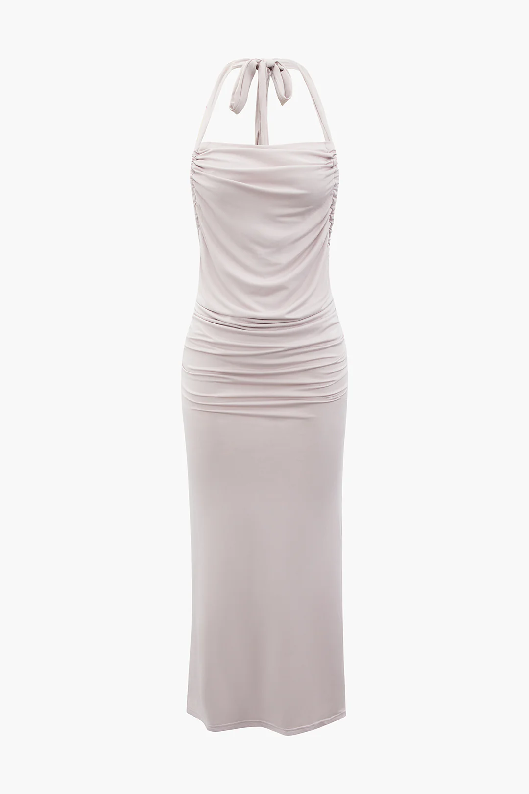 Halter Neck Backless Tie Up Ruched Sleeveless Midi Dress - Weenar