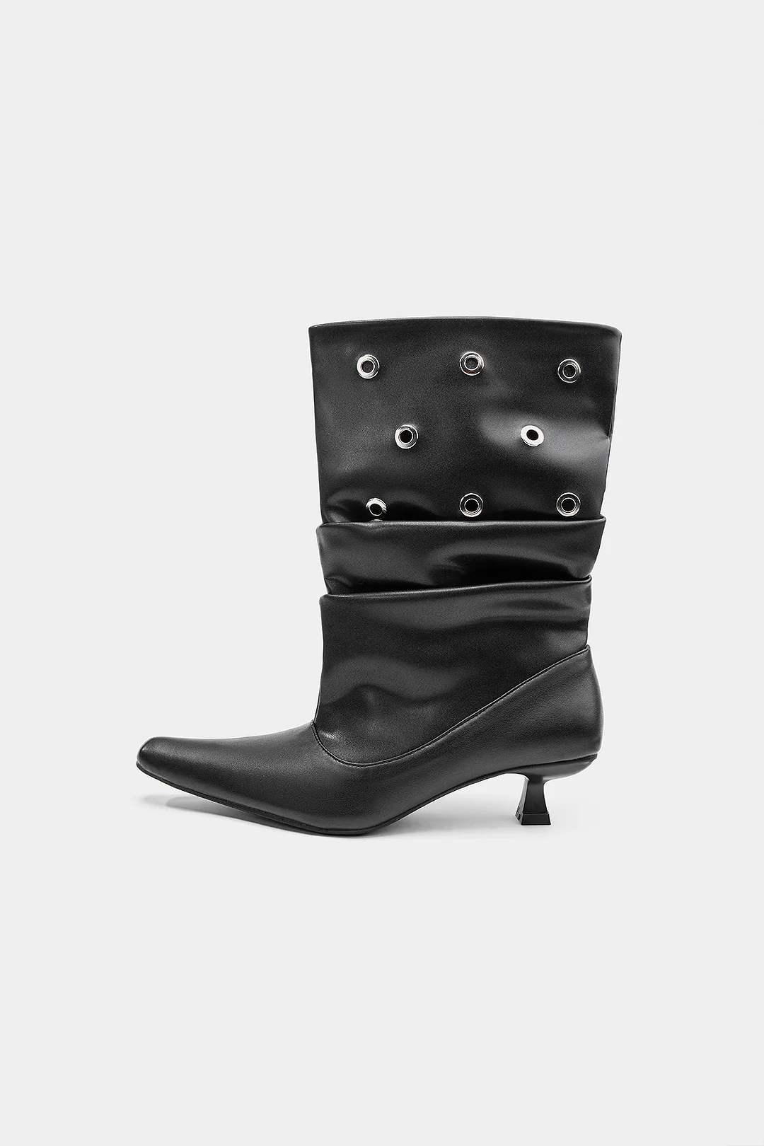 Studded Faux Leather Pointed Mid Calf Boots - Weenar