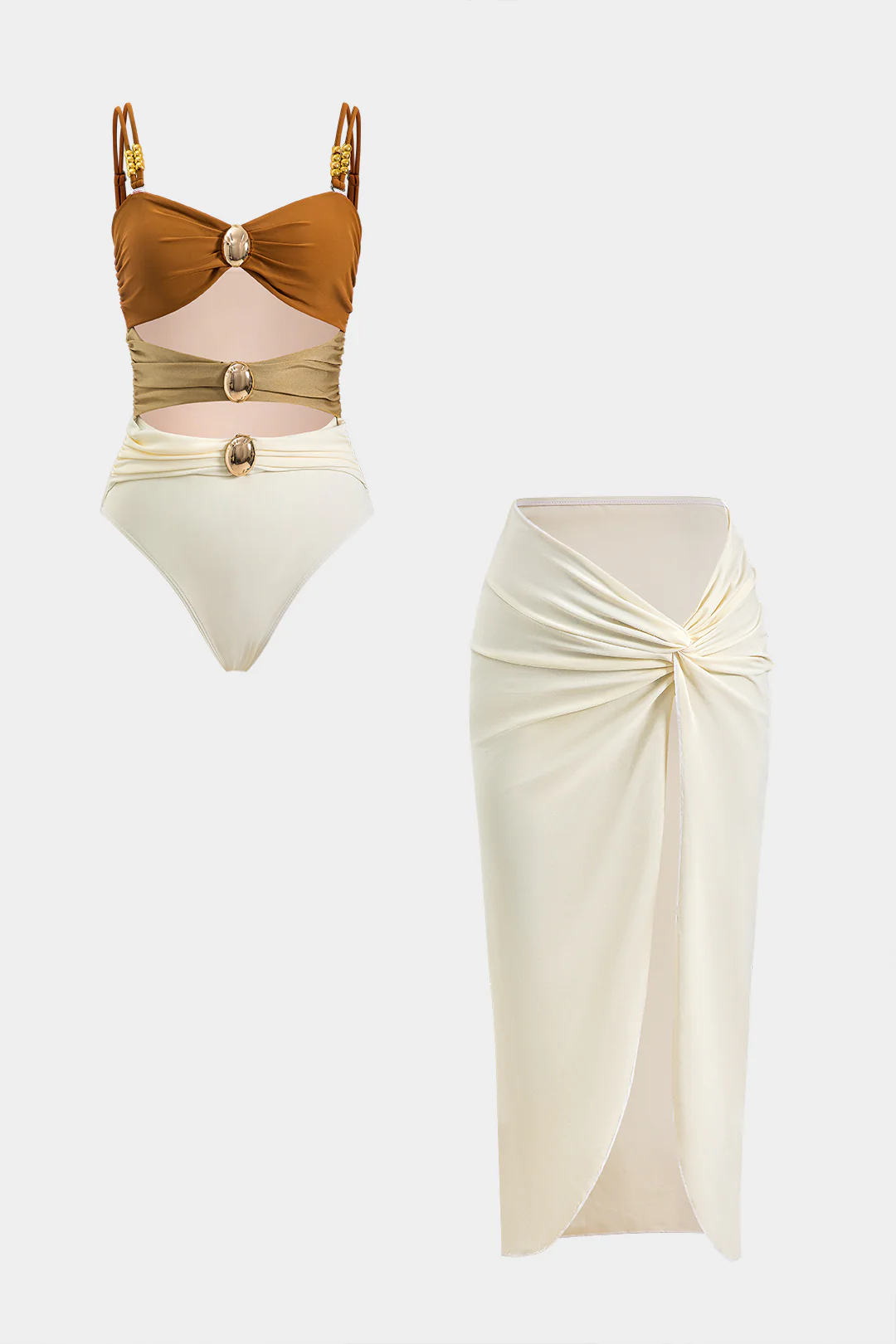 Tummy Control Cut Out Slip Swimwear And Ruched Slit Cover Up Set - Weenar