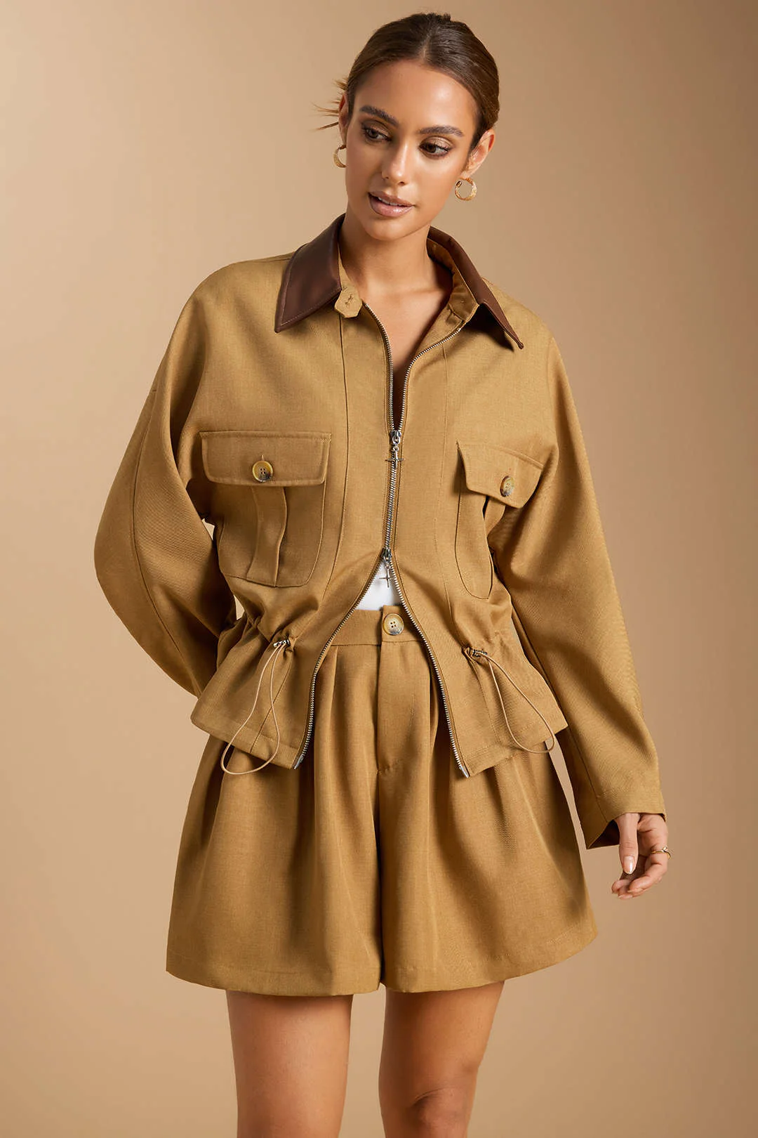 Zipper Patchwork Drawstring Batwing Sleeve Jacket - Weenar