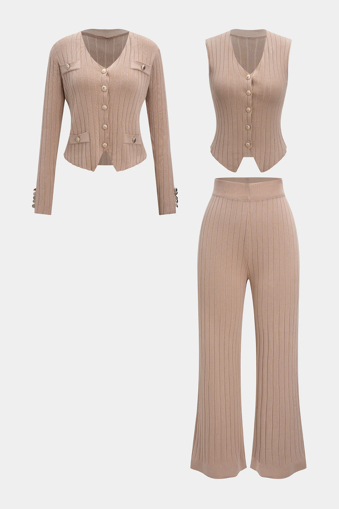 Knit V-Neck Metallic Button Long Sleeve Top And Vest And Wide Leg Pants Set - Weenar