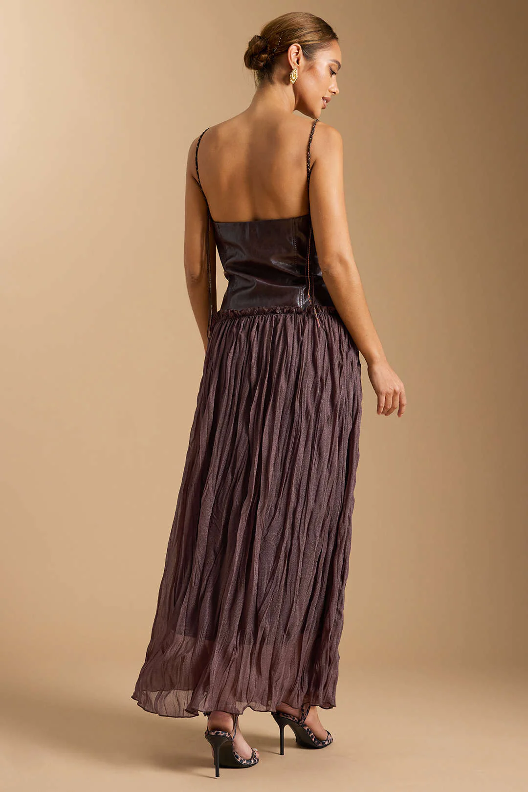 Faux Leather Patchwork Ruched Sleeveless Midi Dress - Weenar