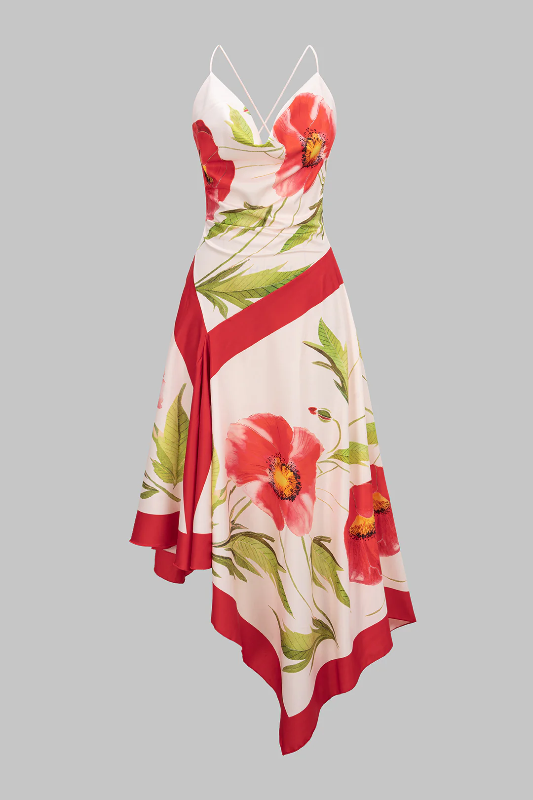 Floral Print Draped Cowl Neck Crossed Backless Slip Sleeveless Midi Dress - Weenar