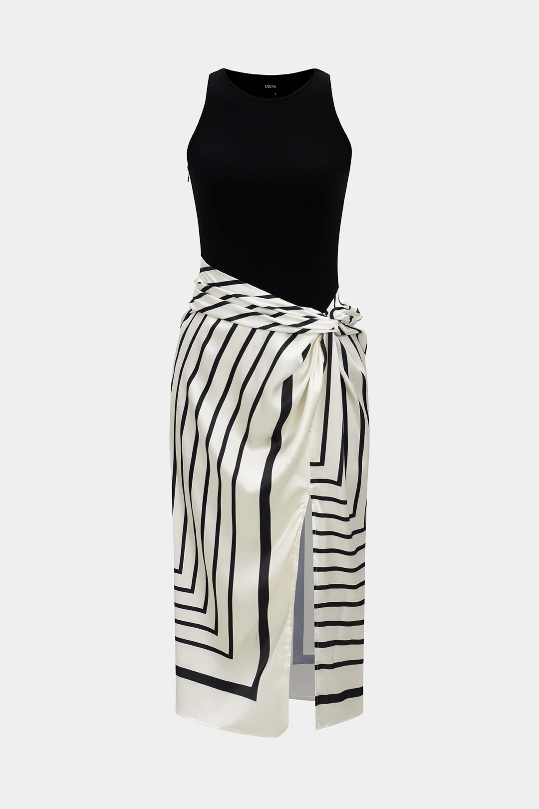 Stripes Print Patchwork Sleeveless Midi Dress - Weenar