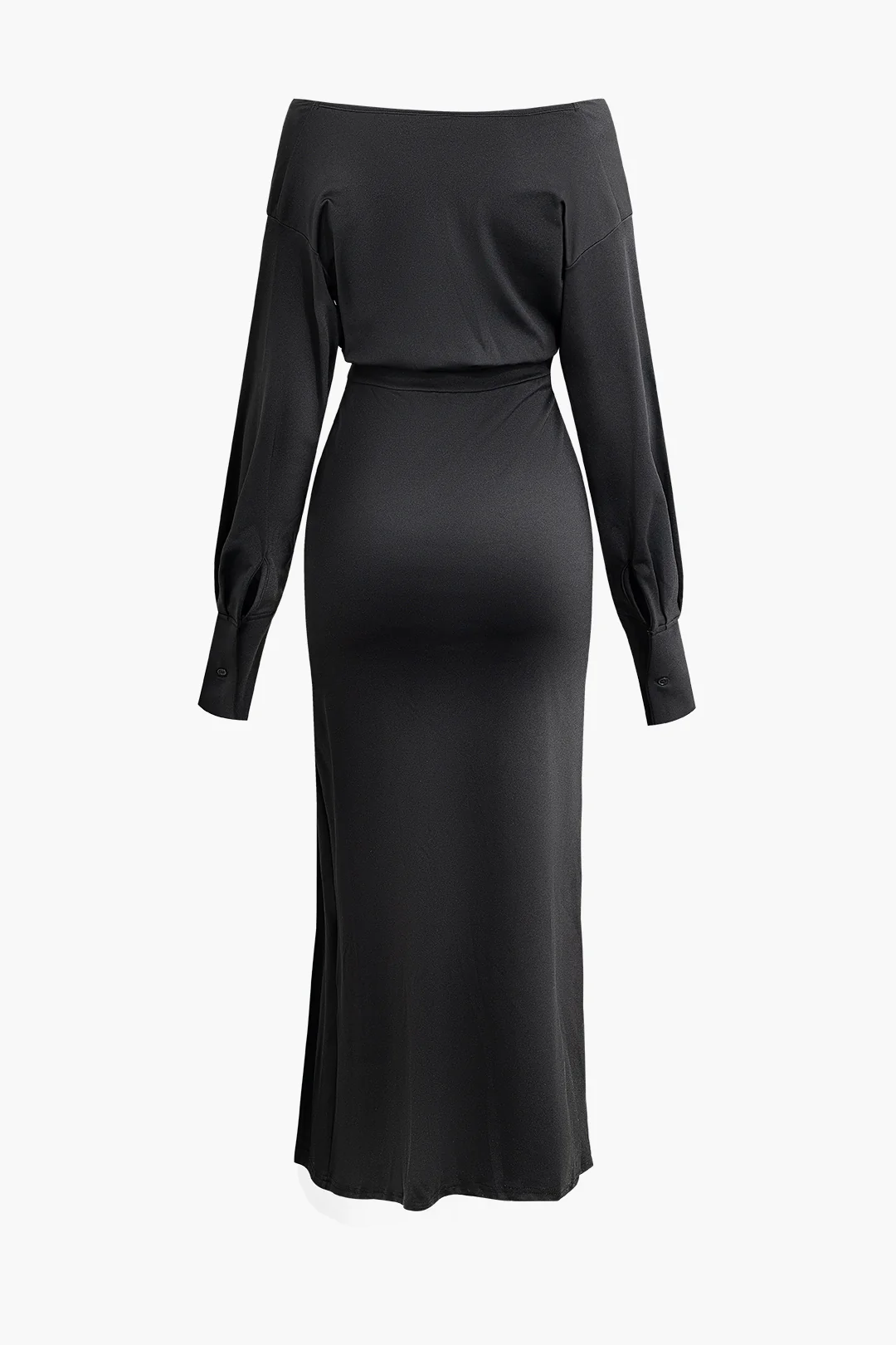 Satin Pleated V-Neck Asymmetrical Side Slit Long Sleeve Midi Dress - Weenar