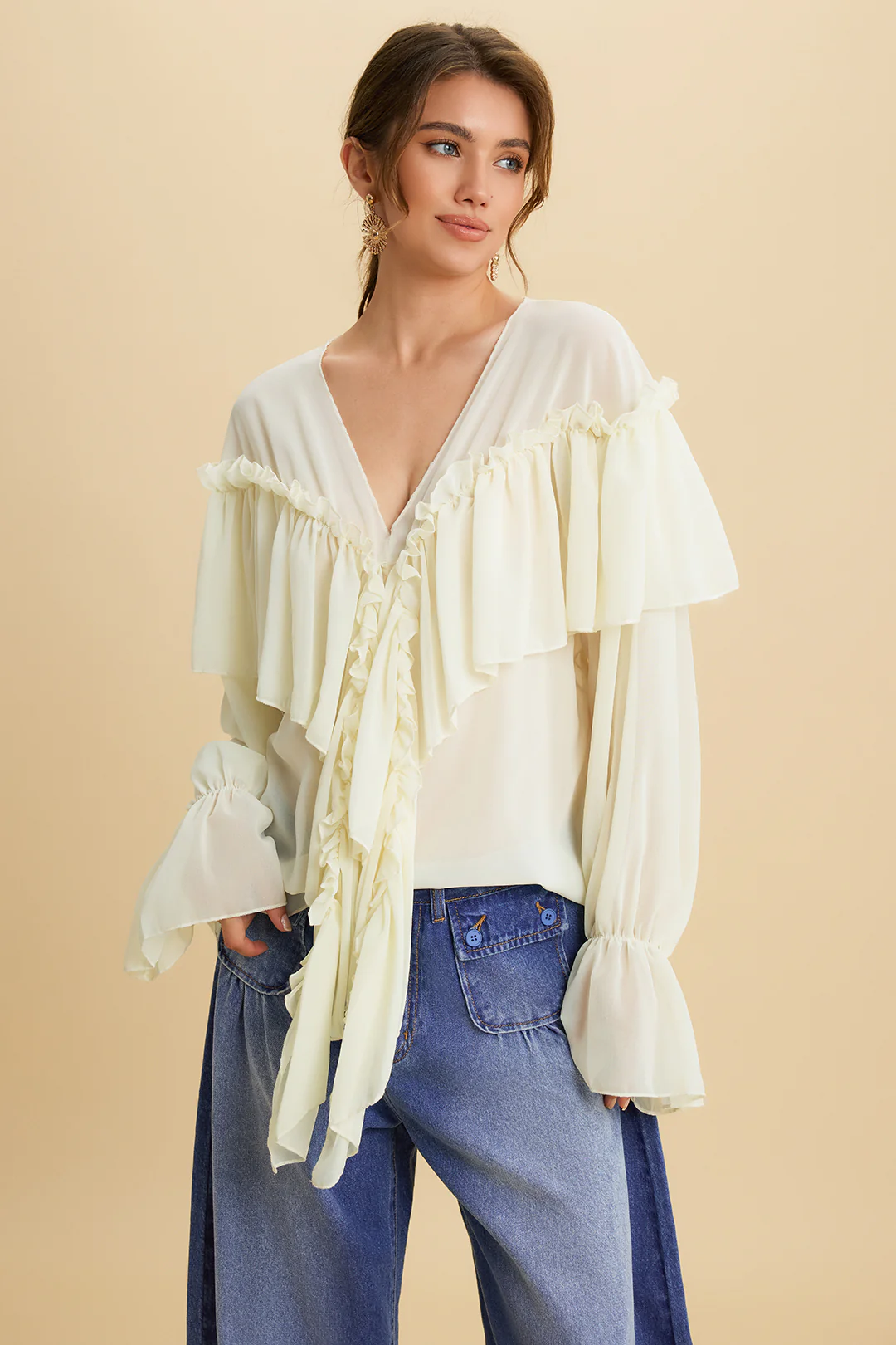 Chiffon Ruffle Ruched Strappy Bell Long-Sleeve Shirt - Weenar