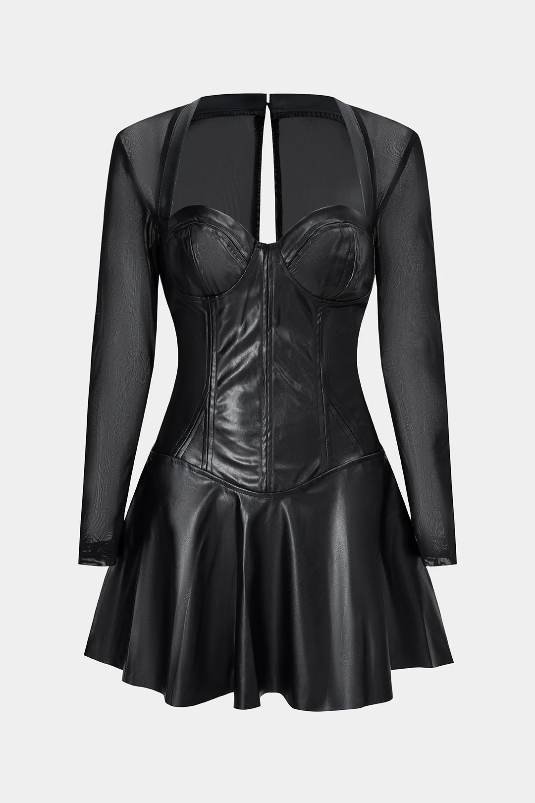 Faux Leather Patchwork Mesh Zipper Long Sleeve Mini Dress - Weenar