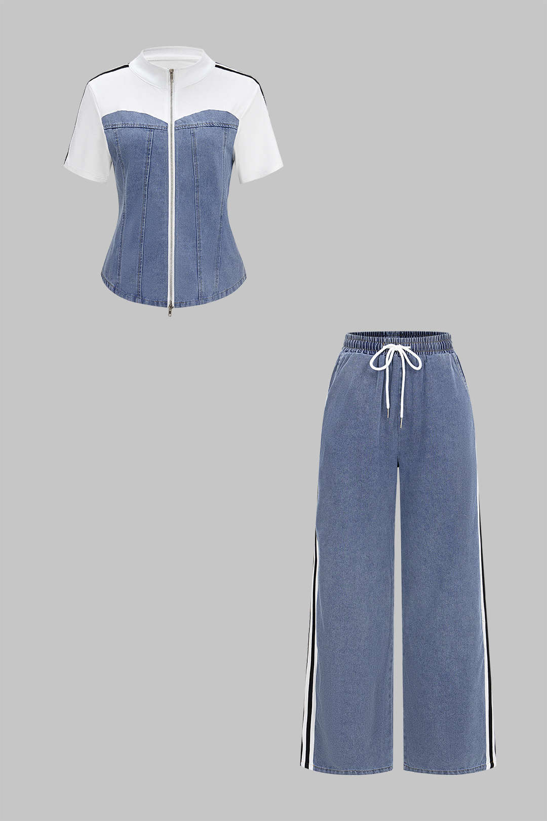 Denim Patchwork Mock Neck Zipper Short Sleeve Top And Drawstring Shirred Waistband Jeans Set - Weenar