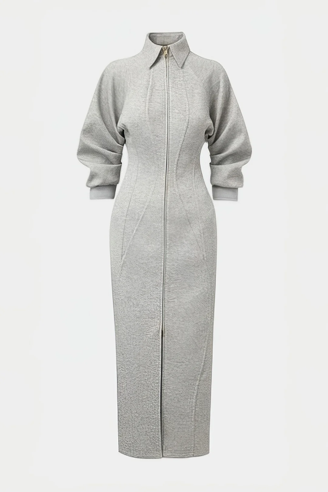 Lapel Zipper Long Sleeve Maxi Dress - Weenar