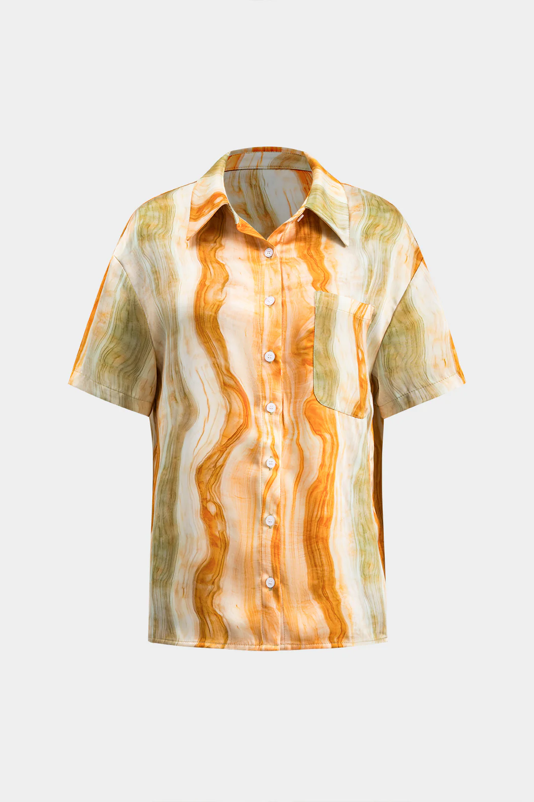 Marble Print Tie Front Button Pocket Short-Sleeve Shirt - Weenar