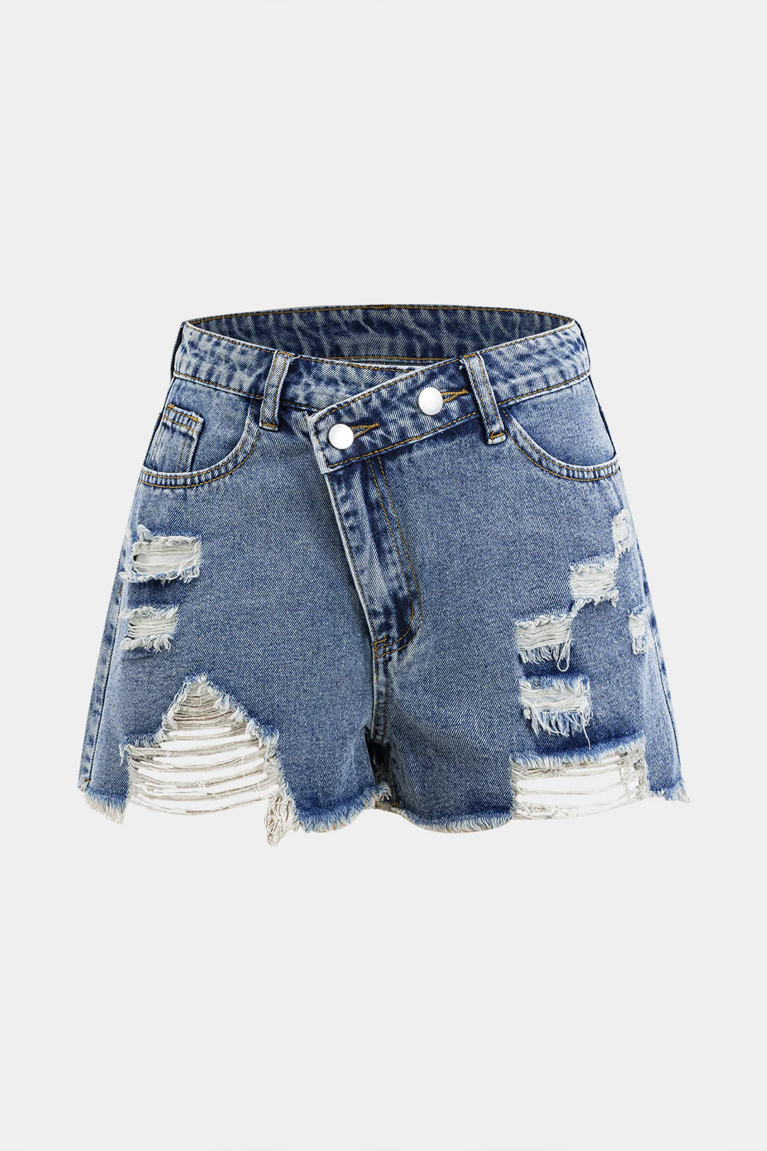 Denim Asymmetry Ripped Button Pocket Shorts - Weenar