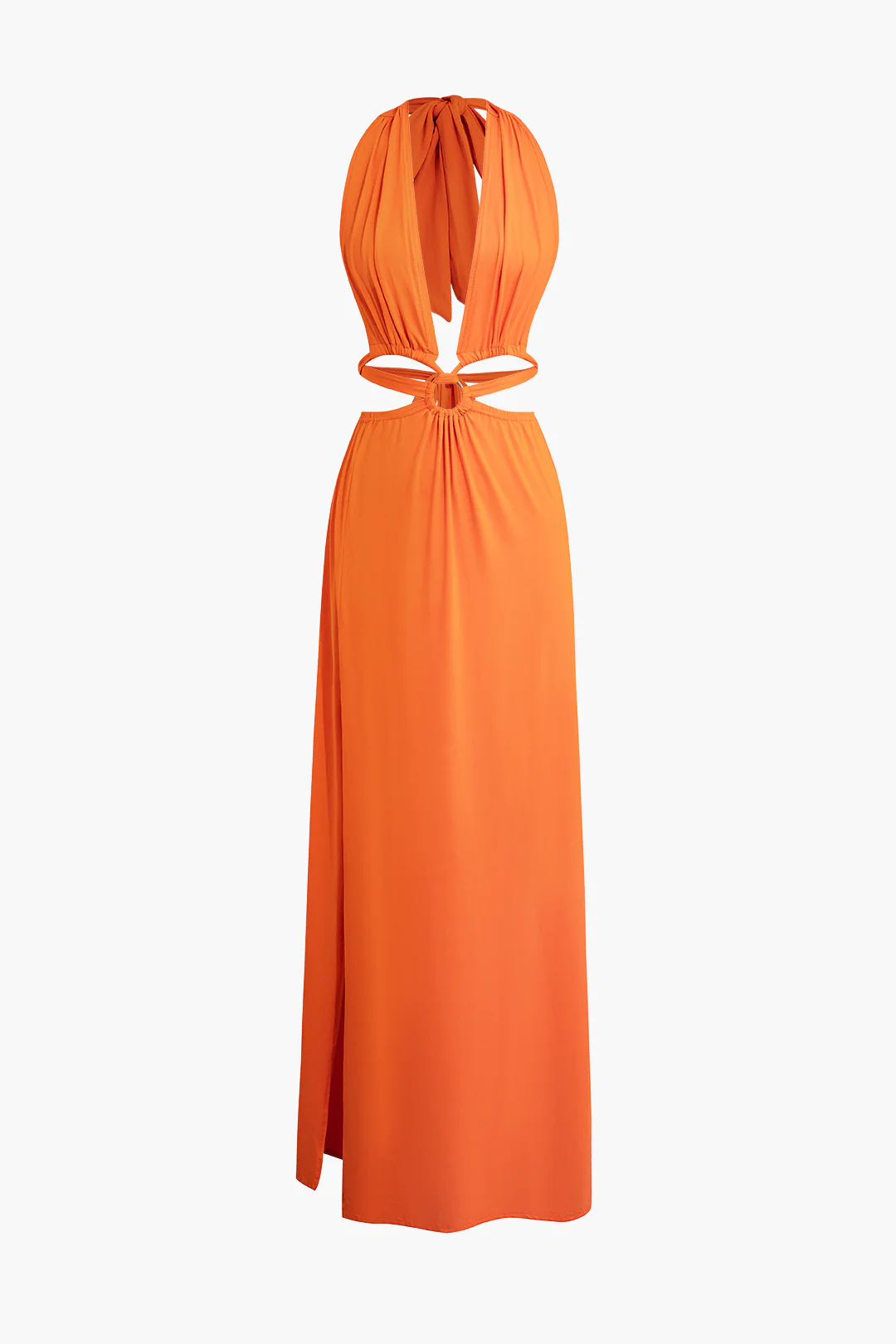 Halter Neck Backless Tie Up Ruched Cut Out Sleeveless Maxi Dress - Weenar