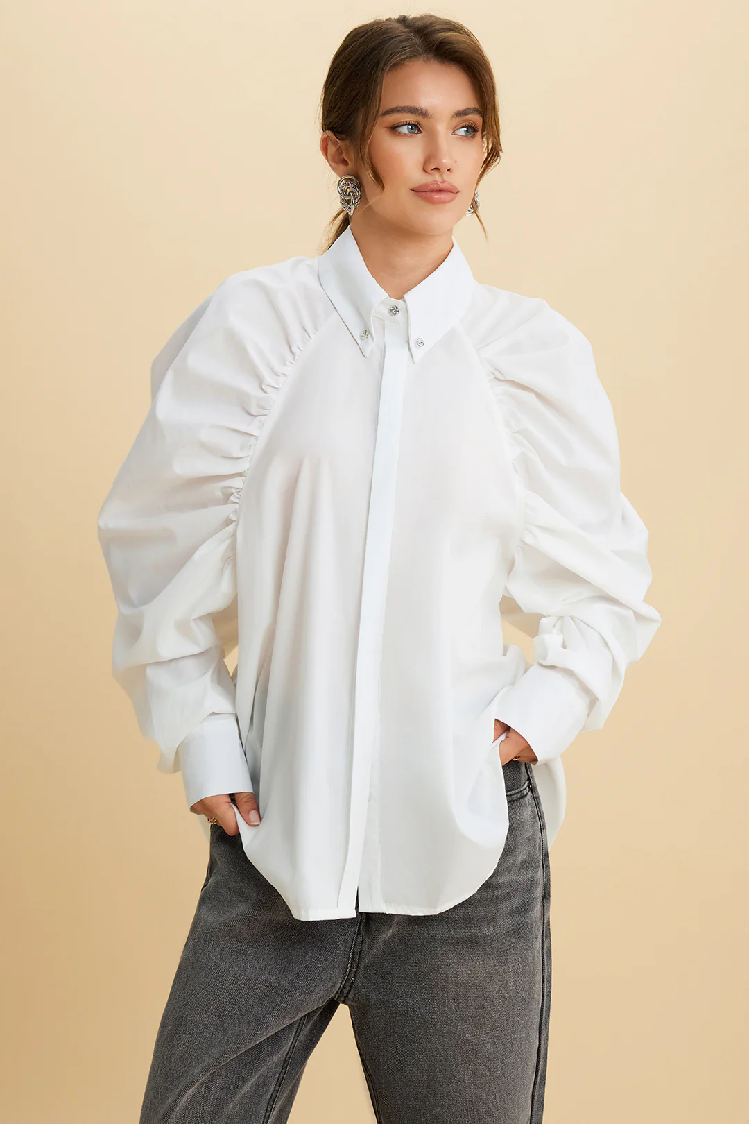 Solid Ruched Button Puff Sleeve Shirt - Weenar
