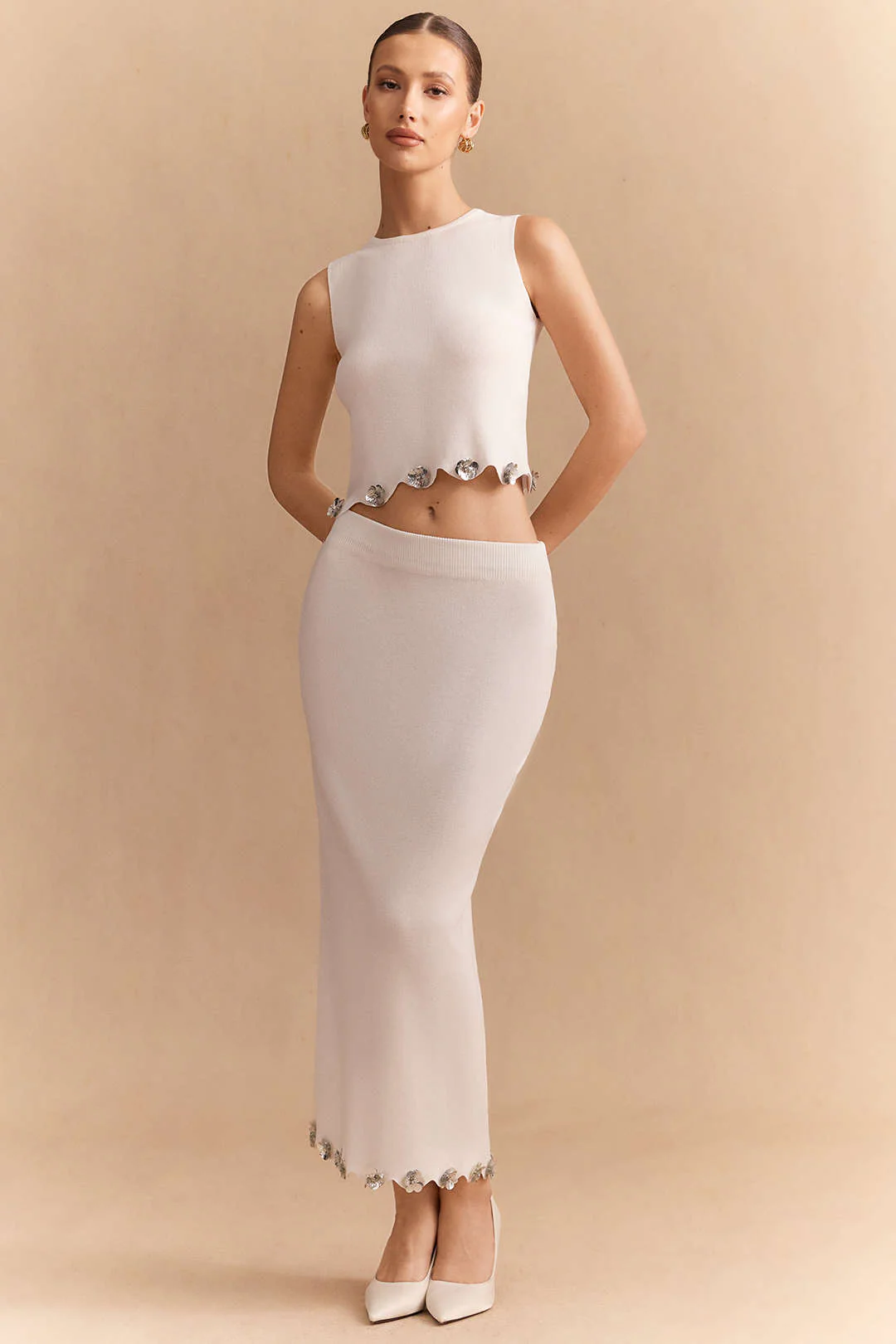 Knit Applique Sequin Round Neck Tank Top And Skirt Set - Weenar