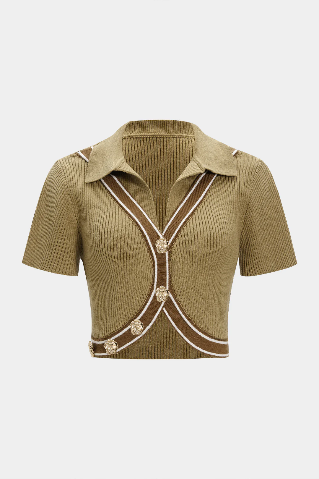 Knit Contrast Asymmetrical Metallic Button Short-Sleeve Top - Weenar