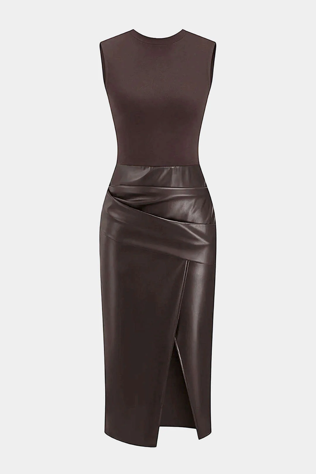Faux Leather Patchwork Ruched Sleeveless Midi Dress - Weenar