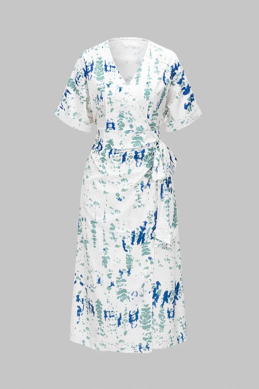 Splatter Print V-Neck Tie-Up Short Sleeve Midi Dress - Weenar
