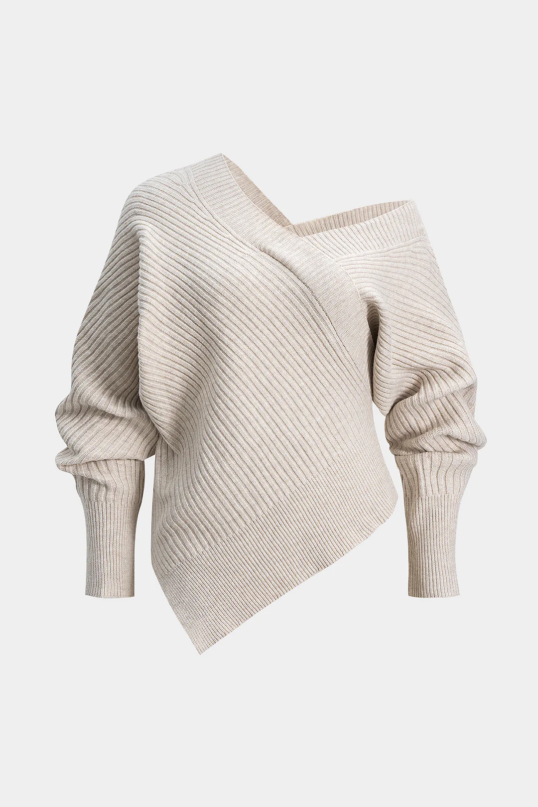 Plus Size Knit V-Neck Asymmetrical Long-Sleeve Top - Weenar