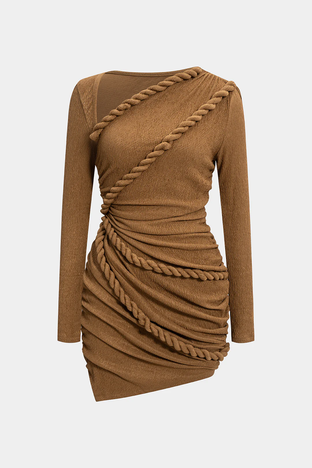 Twist Knot Ruched Asymmetrical Long Sleeve Mini Dress - Weenar