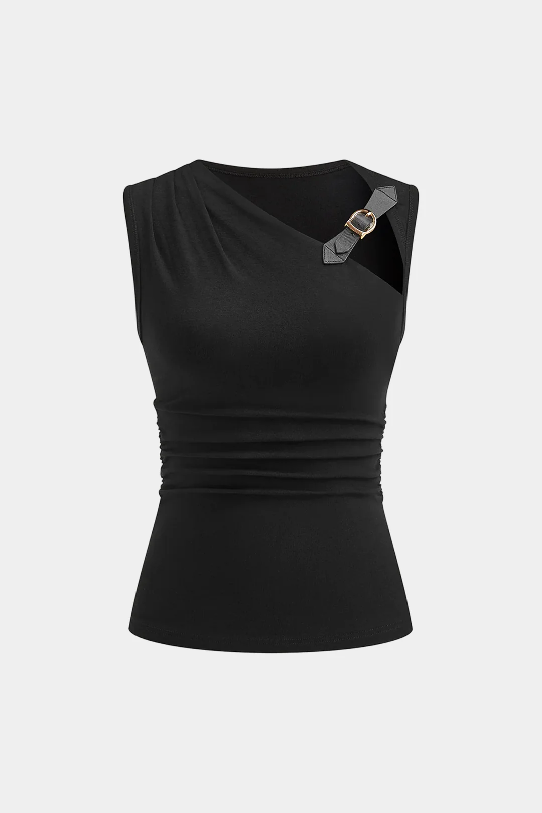 Solid Ruched Asymmetrical Buckle Detail Tank Top - Weenar