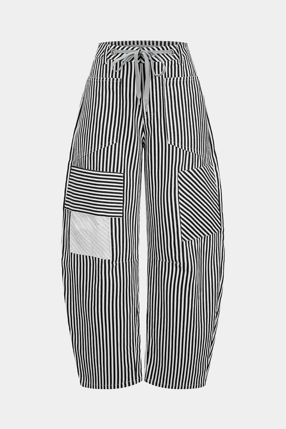 Stripe Print Pocket Drawstring Barrel Trousers - Weenar