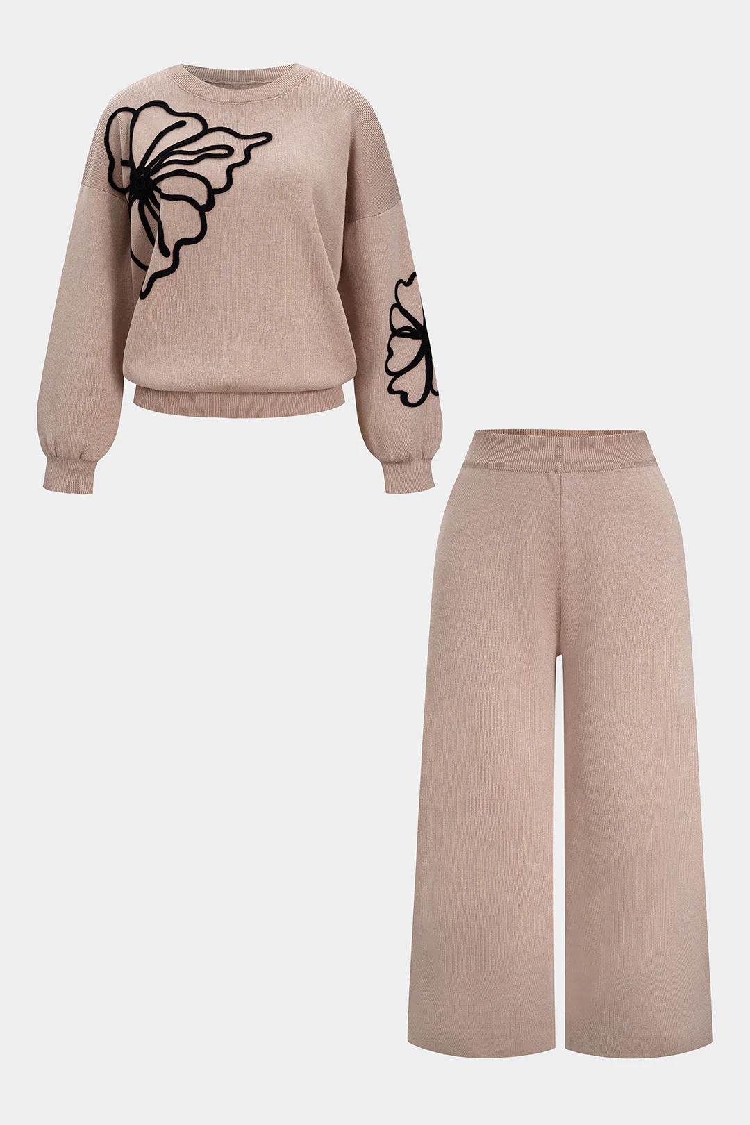 Plus Size Knit Round Neck Embroidery Long-Sleeve Top And Wide Leg Pants Set - Weenar