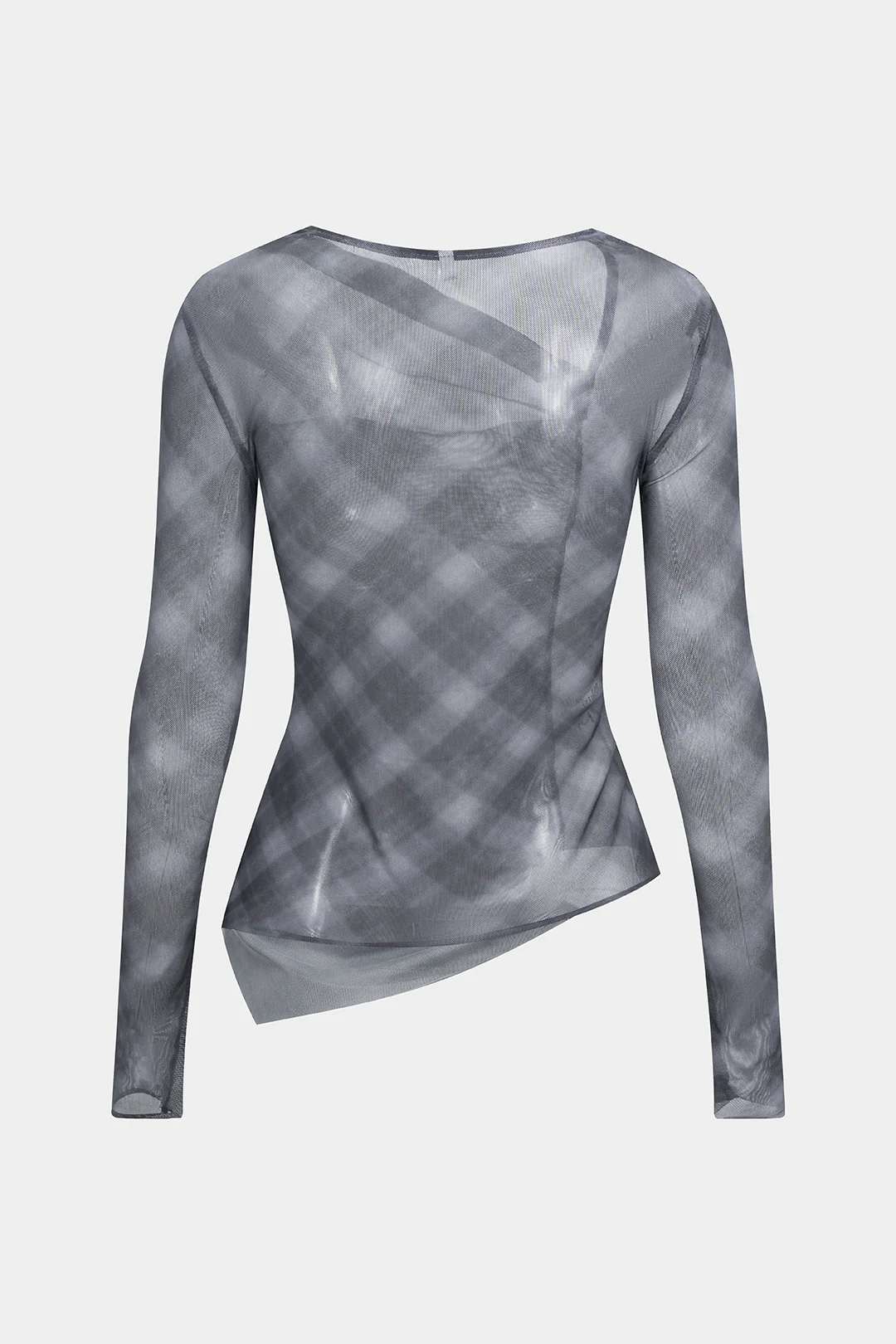 Plaid Print Sheer Mesh Asymmetrical Ruched Top - Weenar
