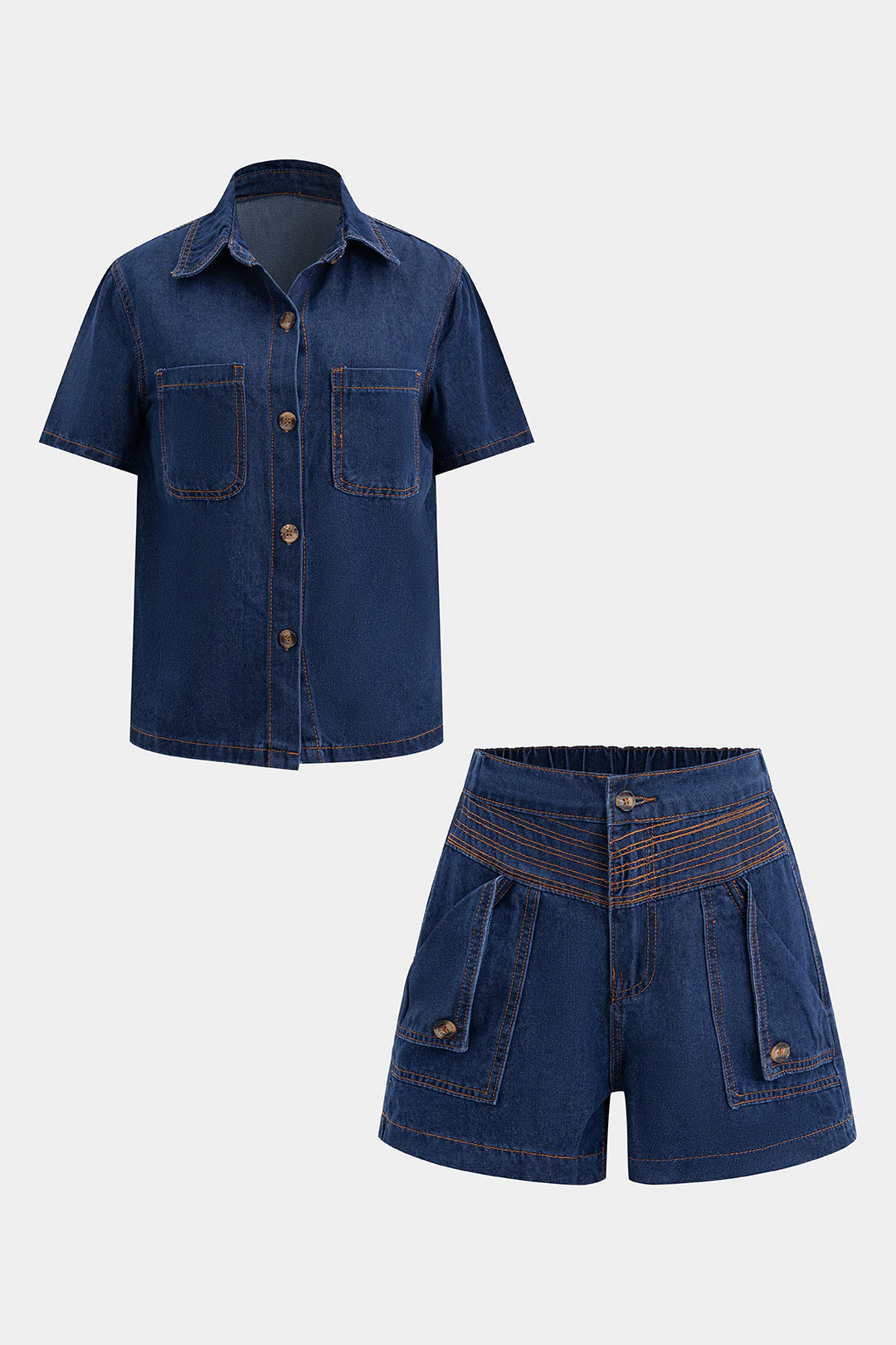 Denim Button Short-Sleeve Shirt And Pocket Shorts Set - Weenar