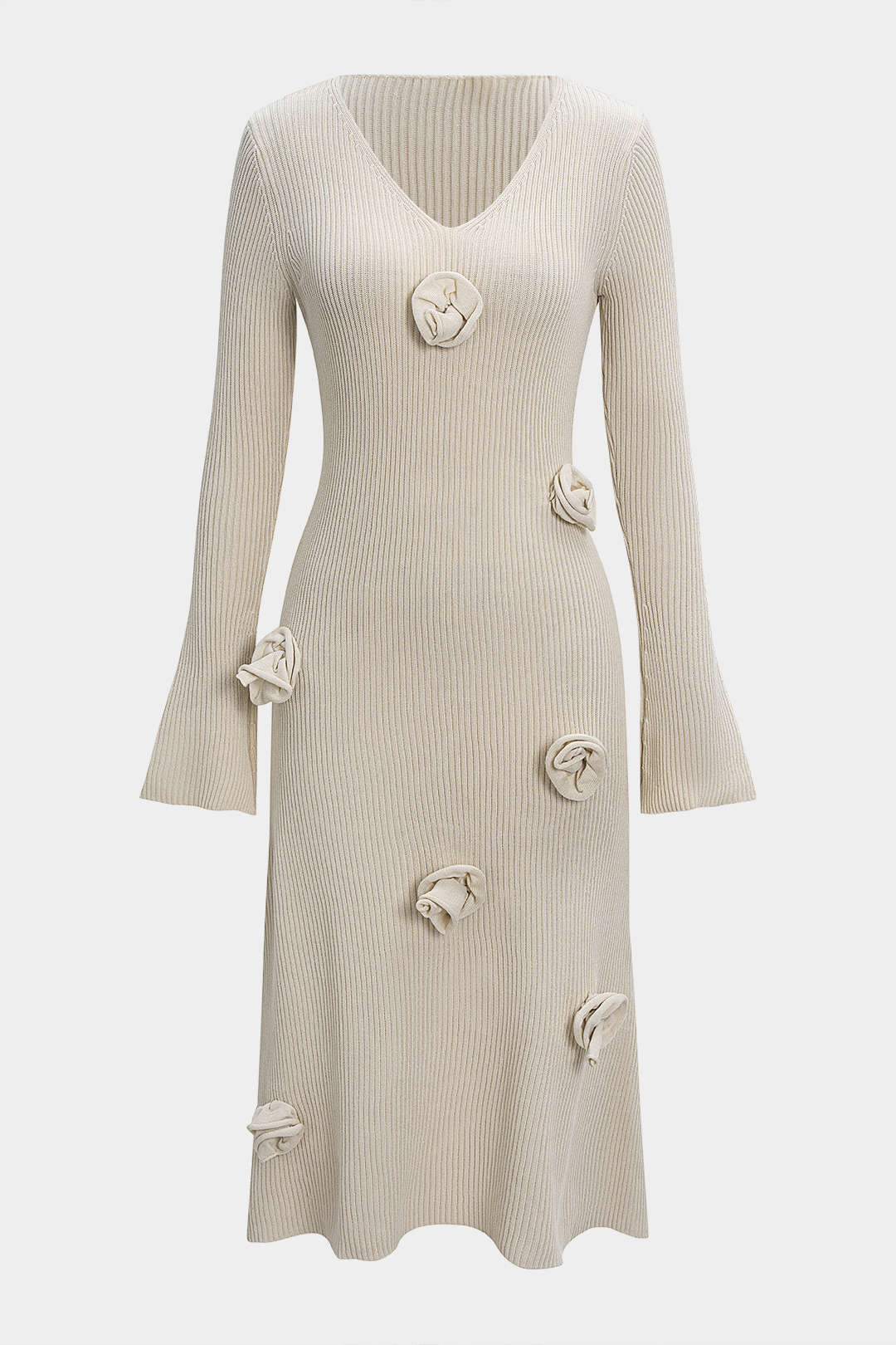 Knit V-Neck Ribbed Long Sleeve Dress - Weenar