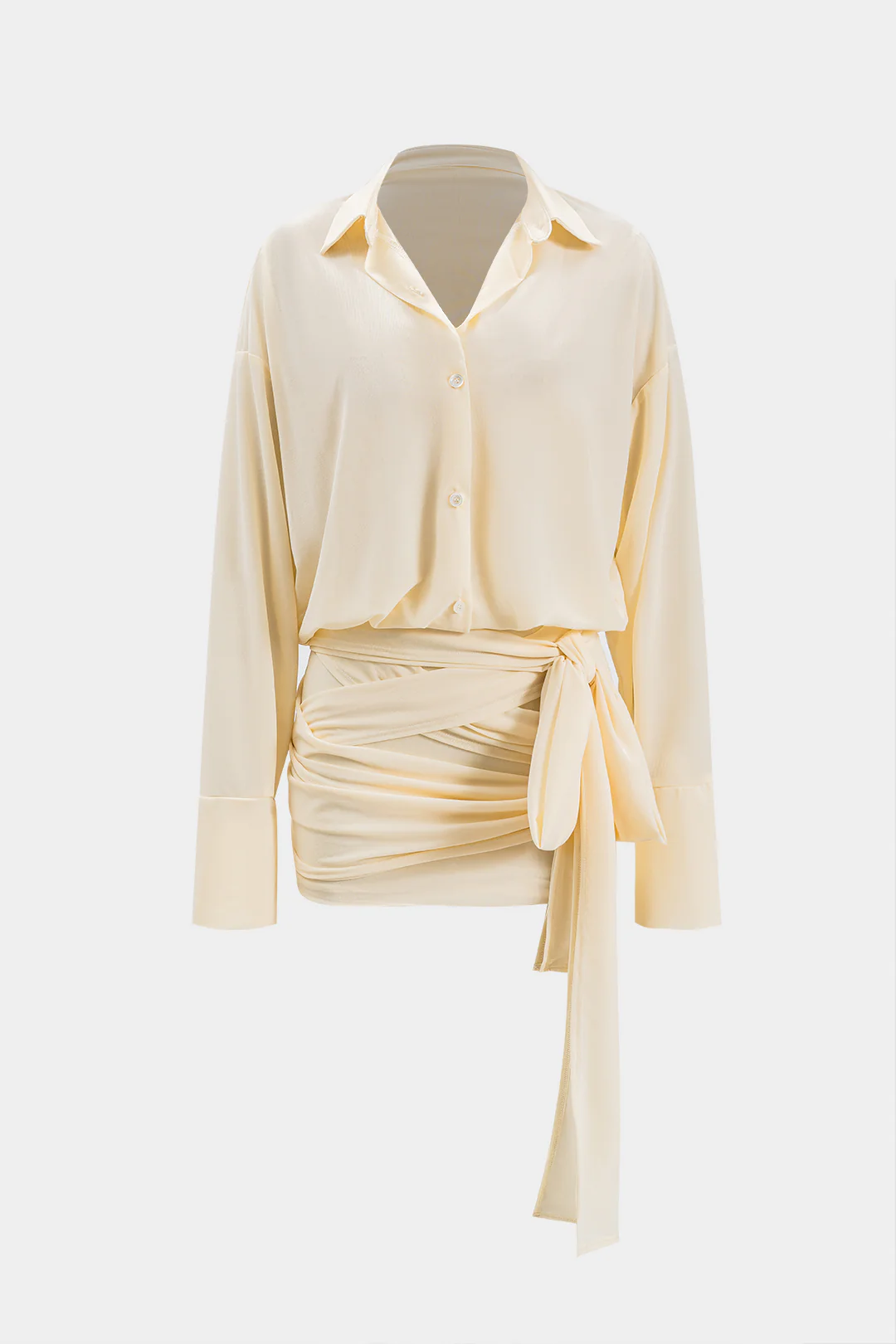 Ruched Tie Knot Button Long Sleeve Mini Dress - Weenar