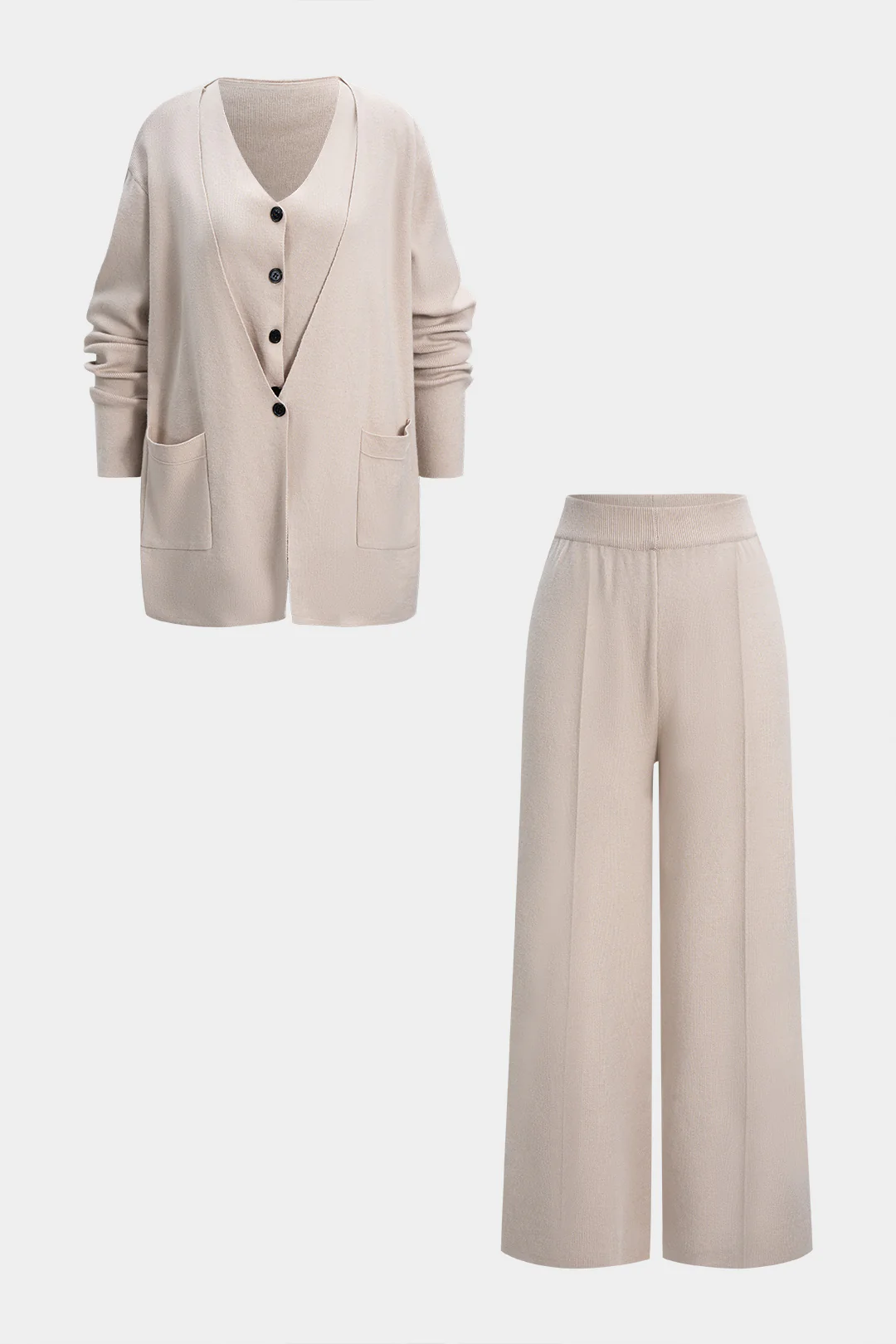 Knit Button Vest And Long Cardigan And Wide Leg Pants Set - Weenar