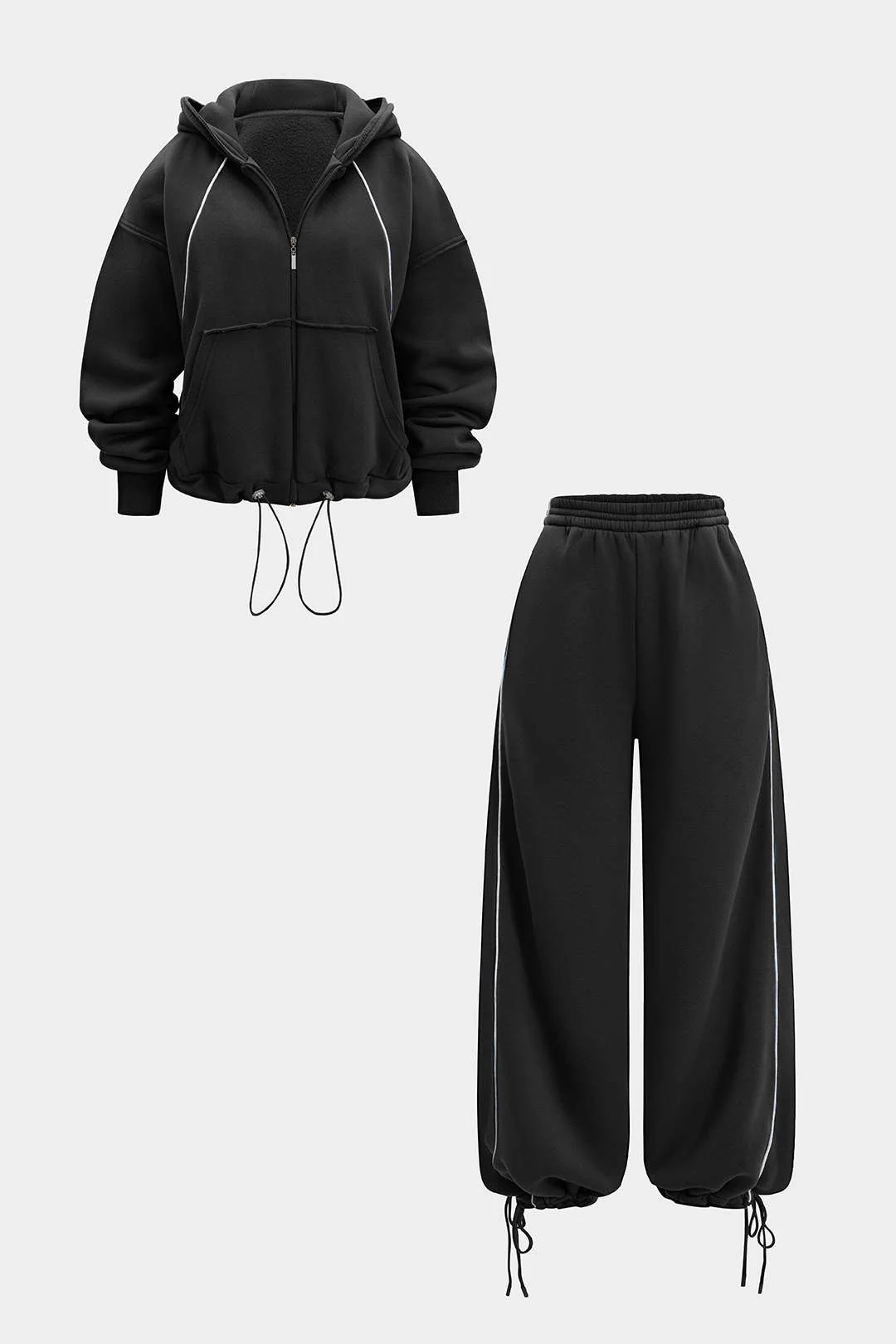 Drawstring Zipper Hoodie And Straight Leg Tie-Up Trousers Set - Weenar
