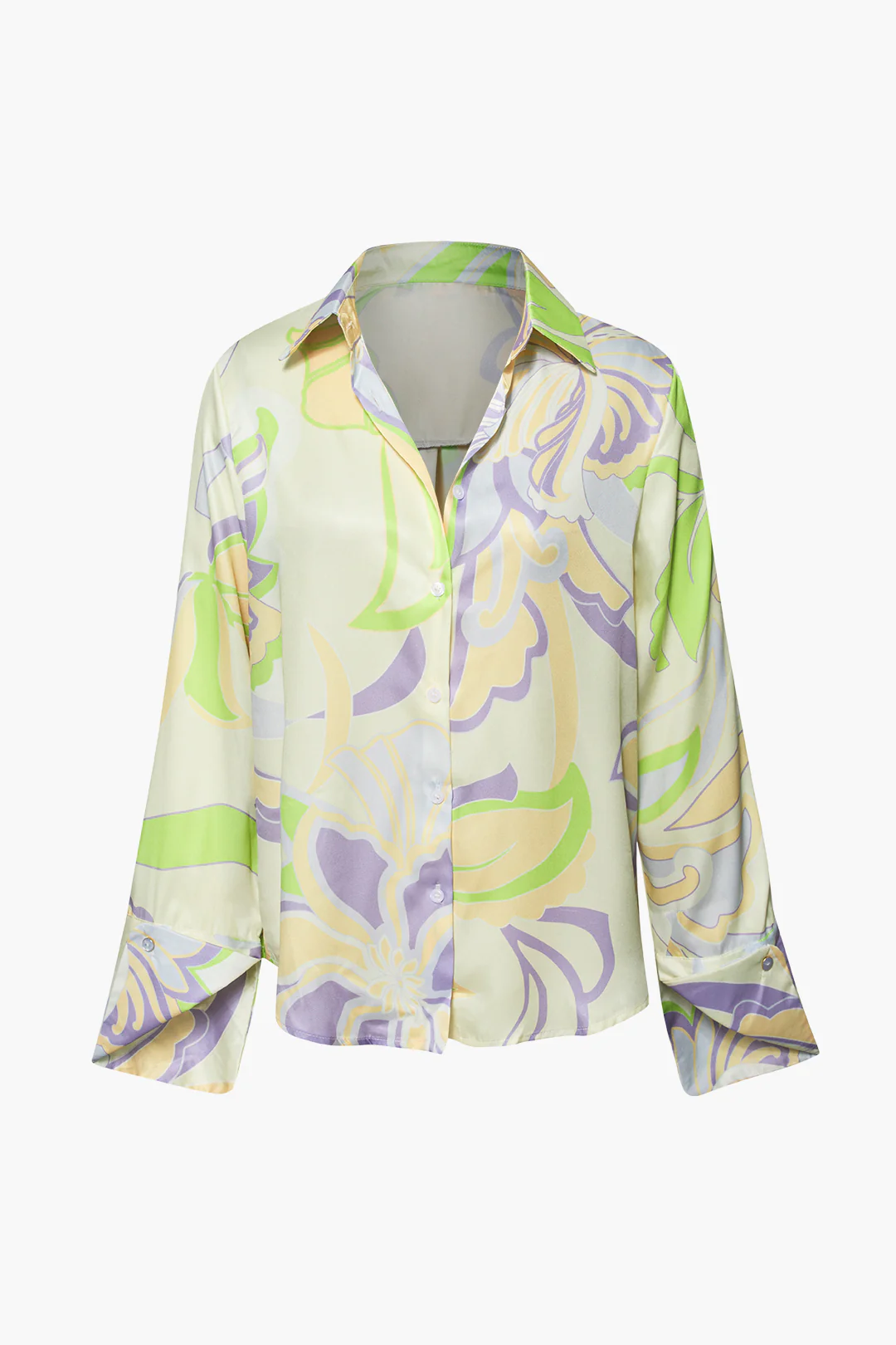 Satin Floral Print Button Long-Sleeve Shirt - Weenar