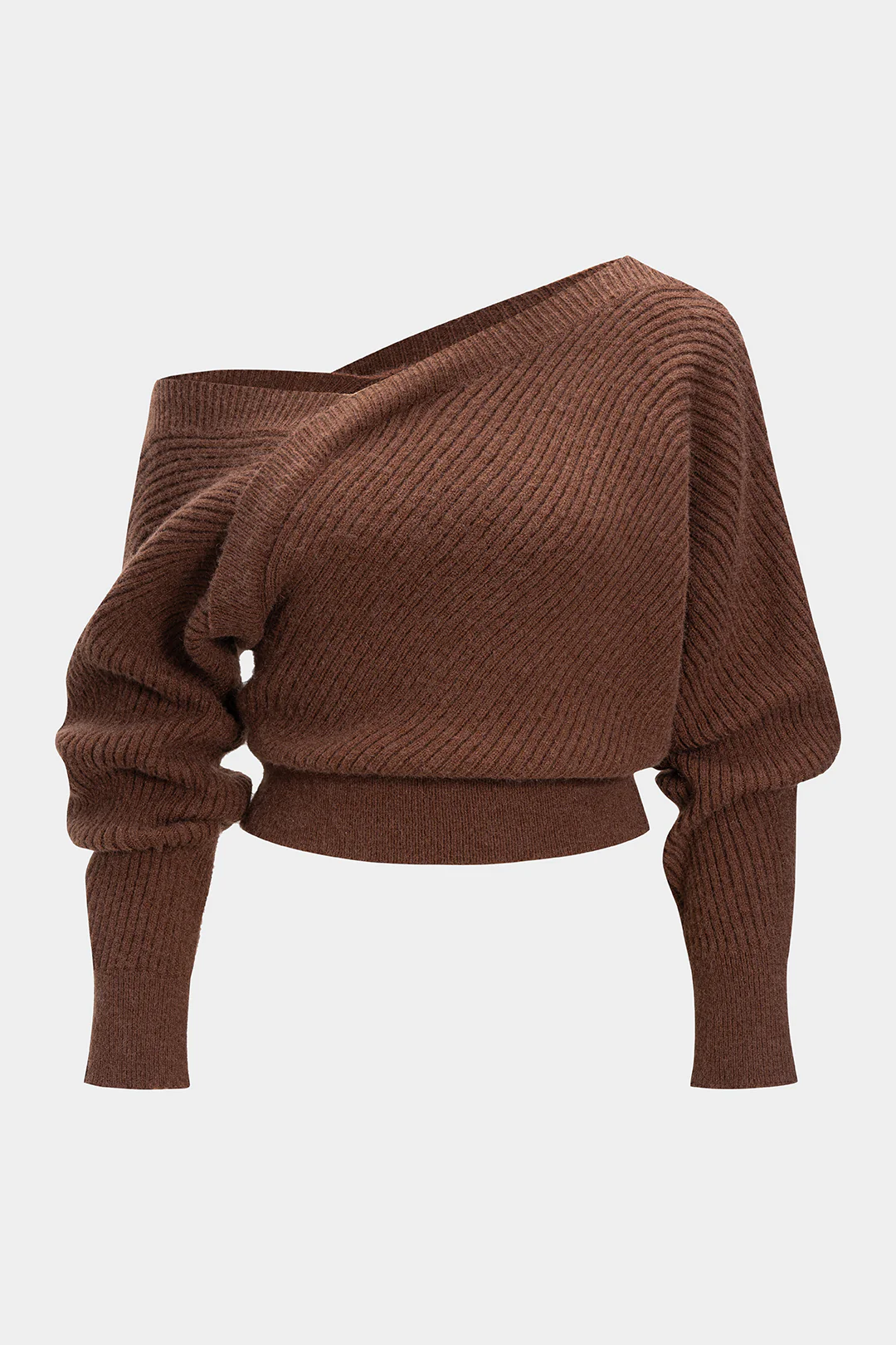 Plus Size Knit Asymmetrical Neck Long-Sleeve Top - Weenar