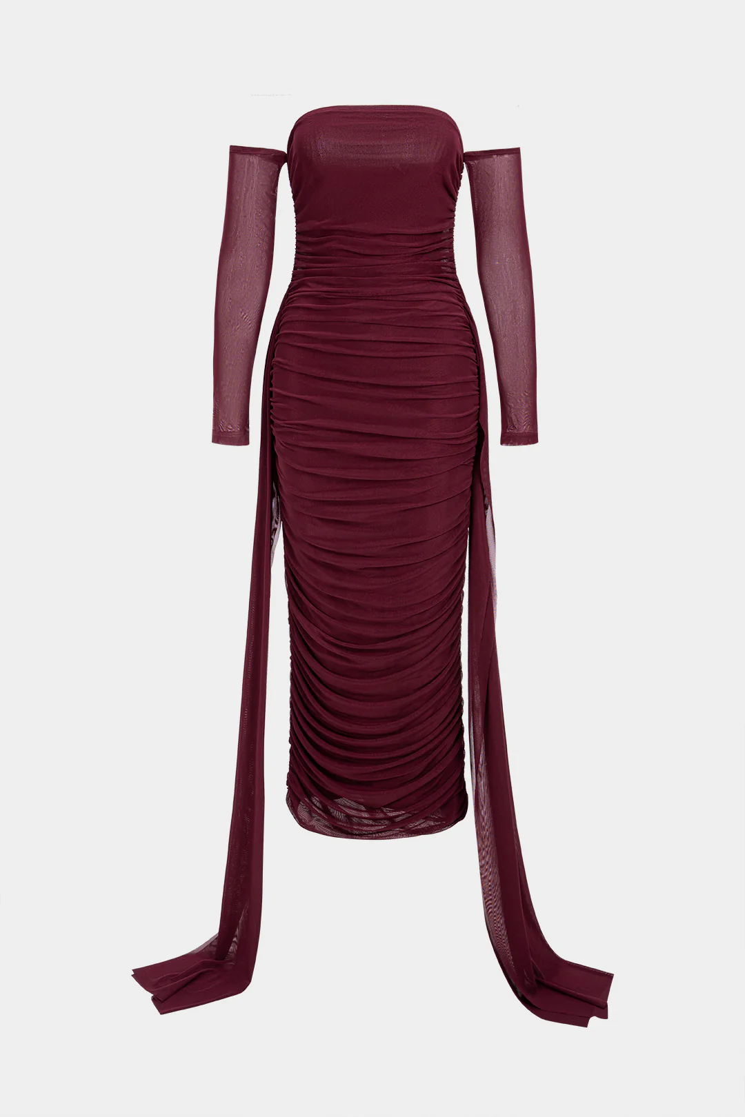 Mesh Off Shoulder Ruched Long Sleeve Maxi Dress - Weenar