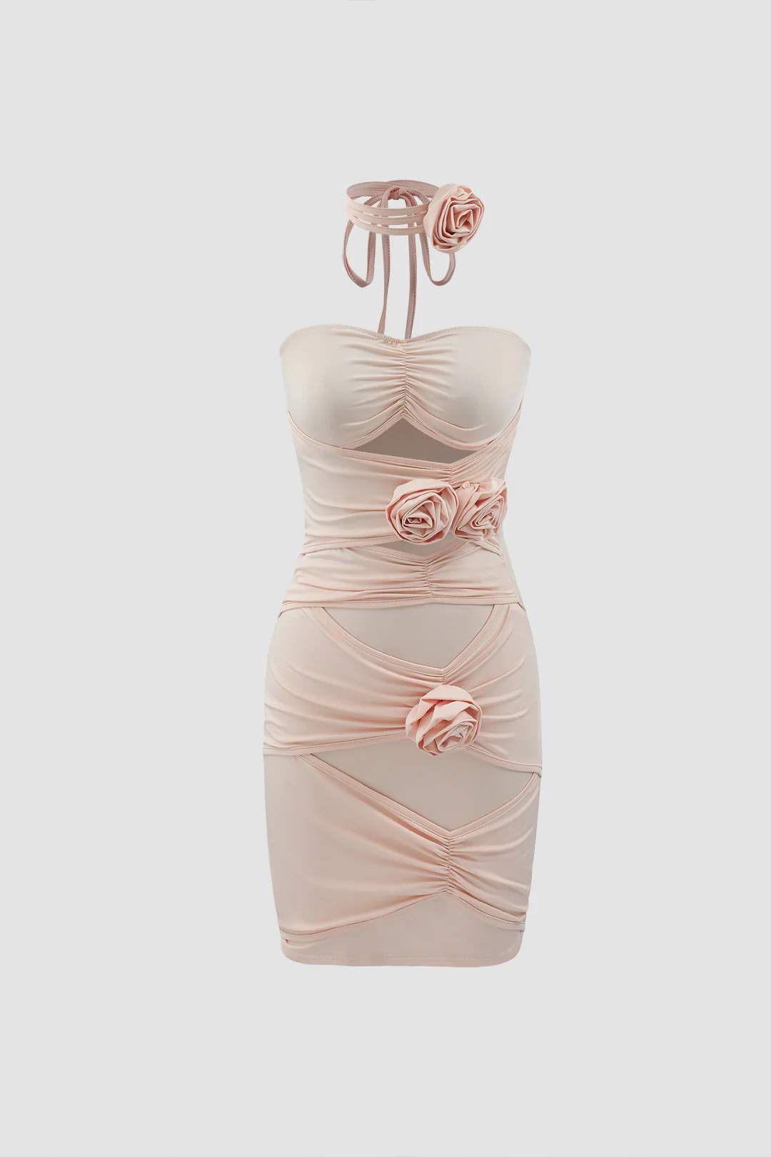 3D Flower Decor Ruched Backless Cut Out Sleeveless Mini Dress With Scarf - Weenar