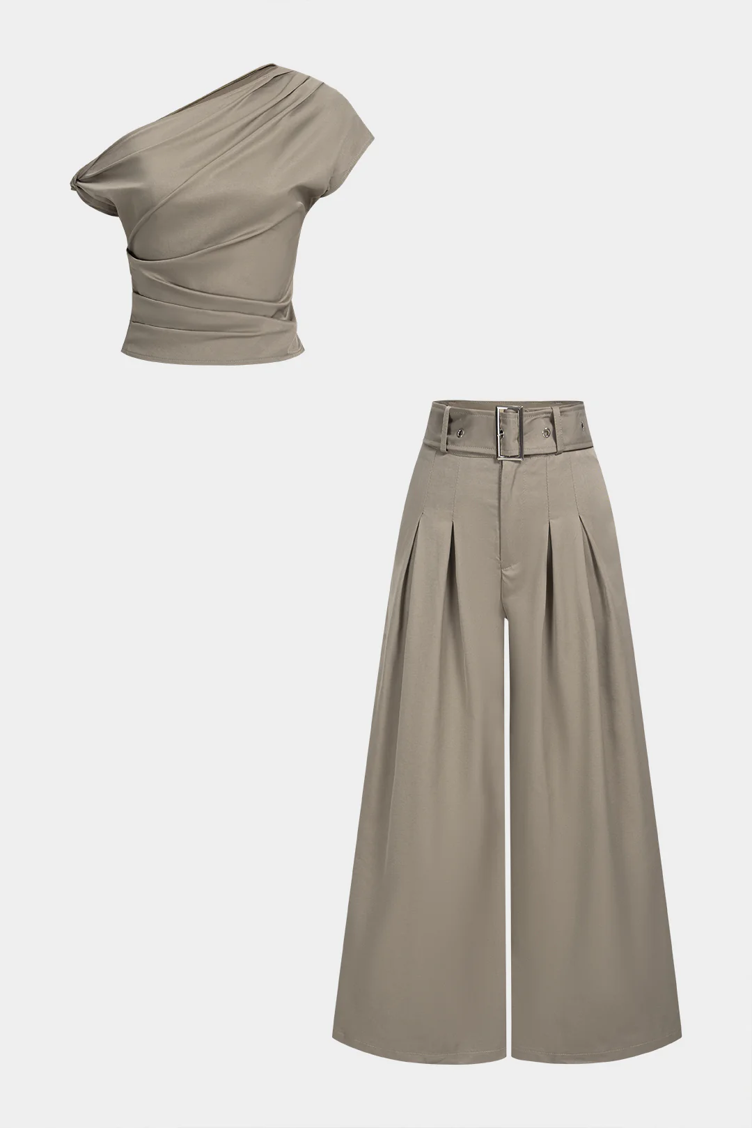 One Shoulder Ruched Twist Knot Tank Top And Belted Wide Leg Pants Set - Weenar