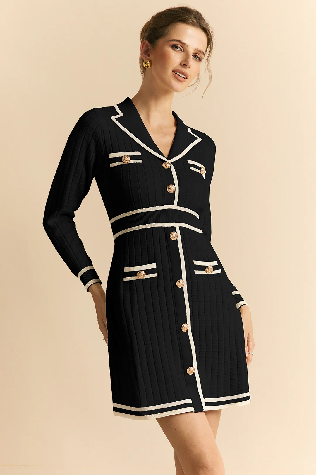 Knit Contrast Metallic Button Long Sleeve Dress - Weenar