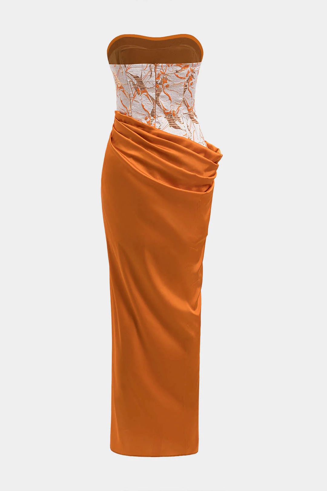 Satin Jacquard Patchwork Ruched Strapless Sleeveless Maxi Dress - Weenar