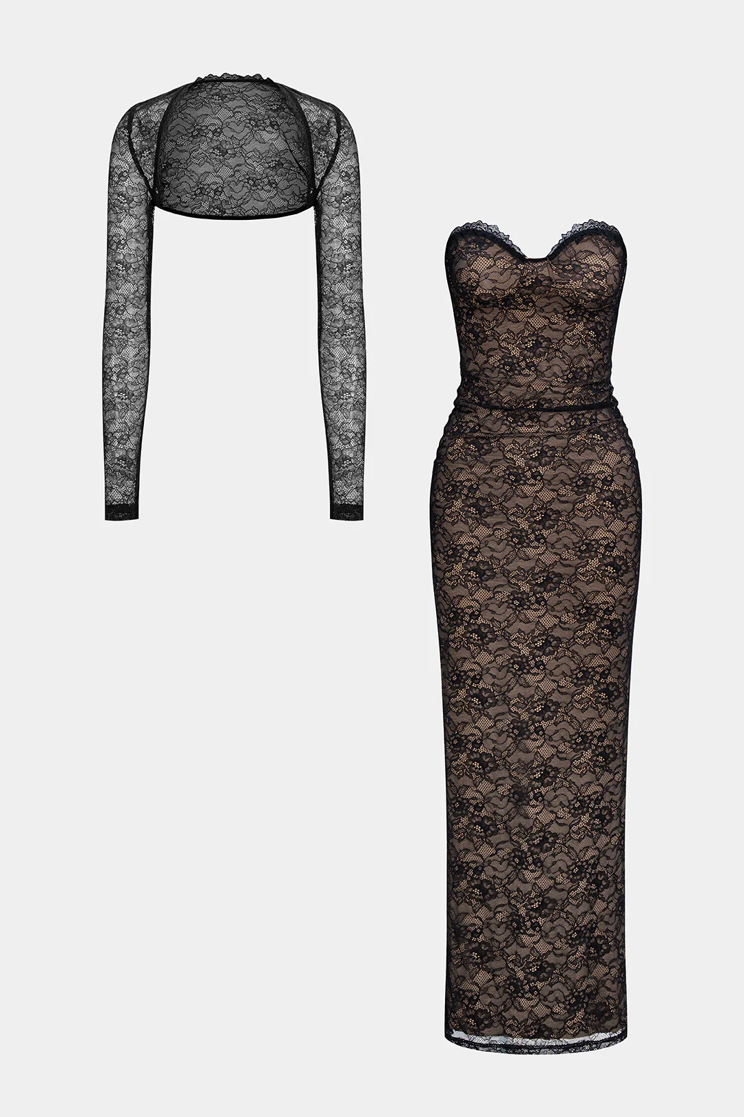 Lace Patchwork Long Sleeve Cardigan And Strapless Dress Set - Weenar