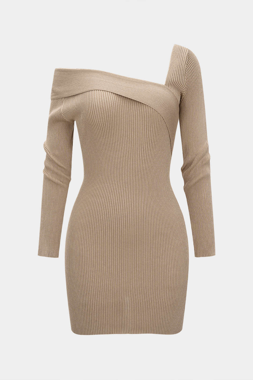 Knit Ribbed Asymmetrical Long Sleeve Mini Dress - Weenar