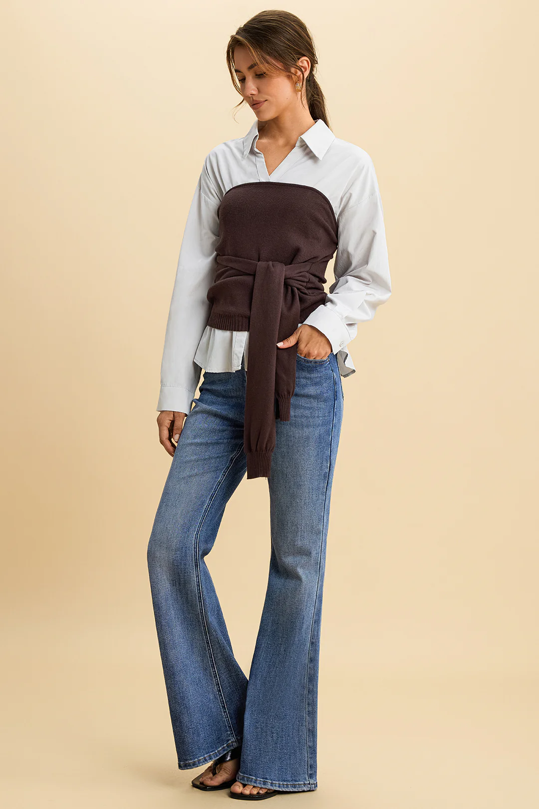 Solid Patchwork Knit Tie-Front Long-Sleeve Shirt - Weenar