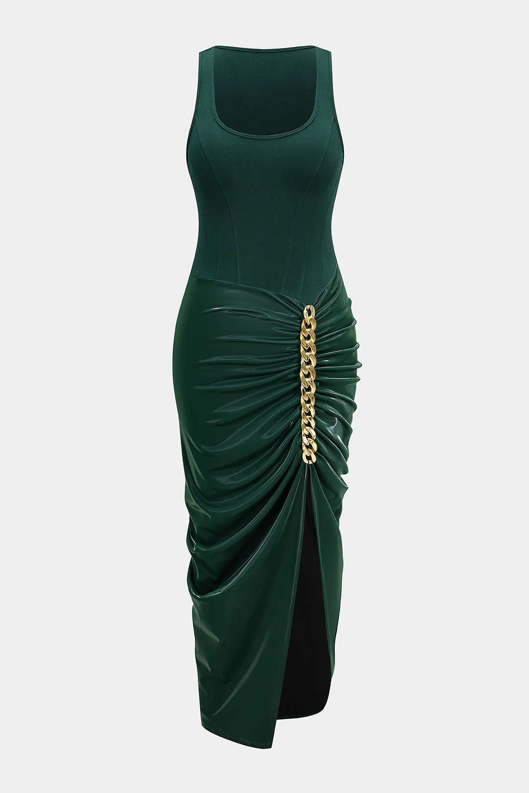 Metallic Chain Ruched Sleeveless Midi Dress - Weenar