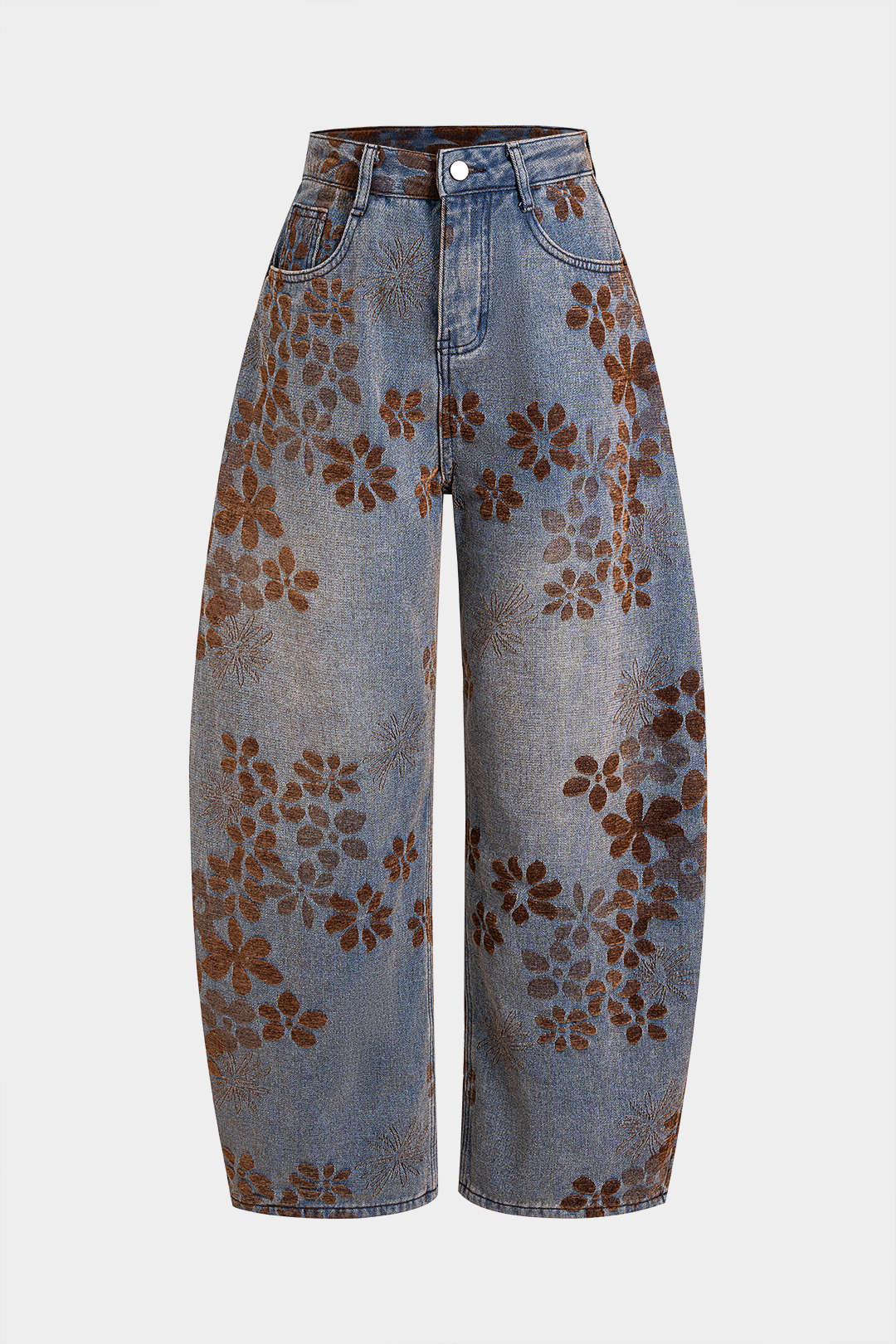 Denim Floral Print High-Waist Pocket Jeans - Weenar