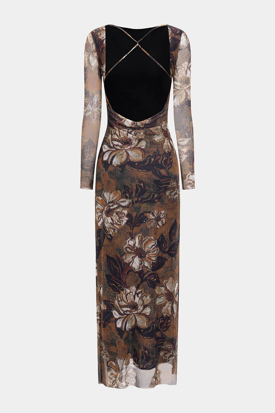 Mesh Floral Retro Print Backless Long Sleeve Maxi Dress - Weenar