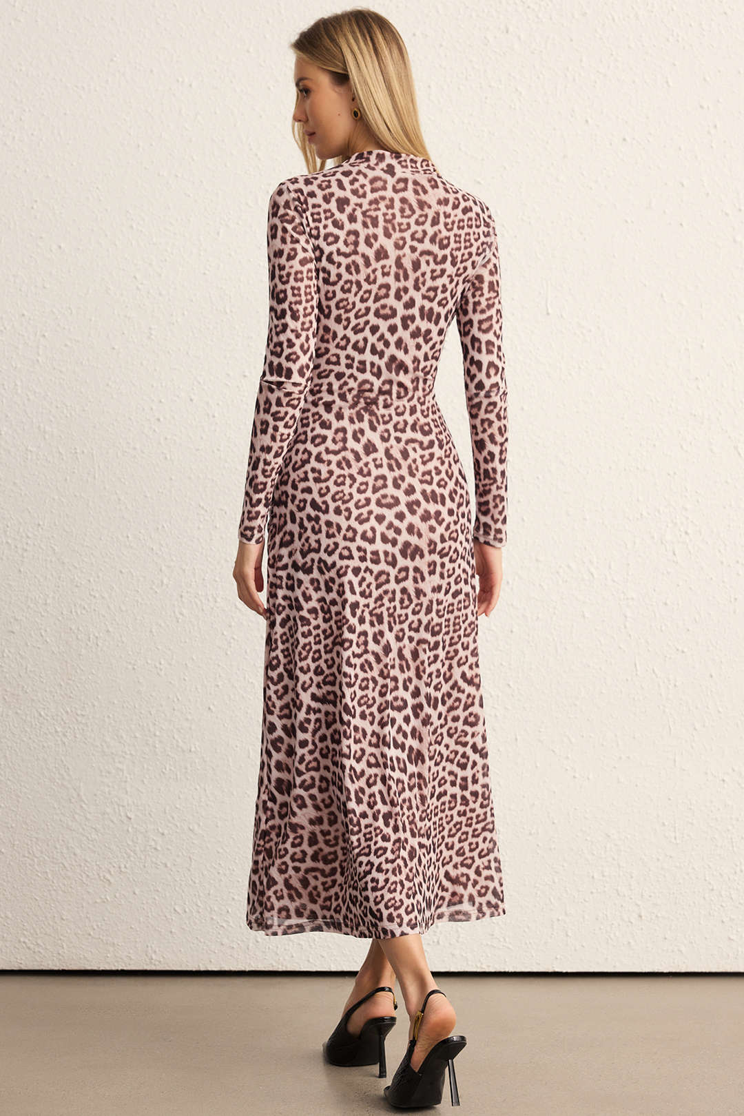 Leopard Print Mesh Ruched Slit Long Sleeve Midi Dress - Weenar