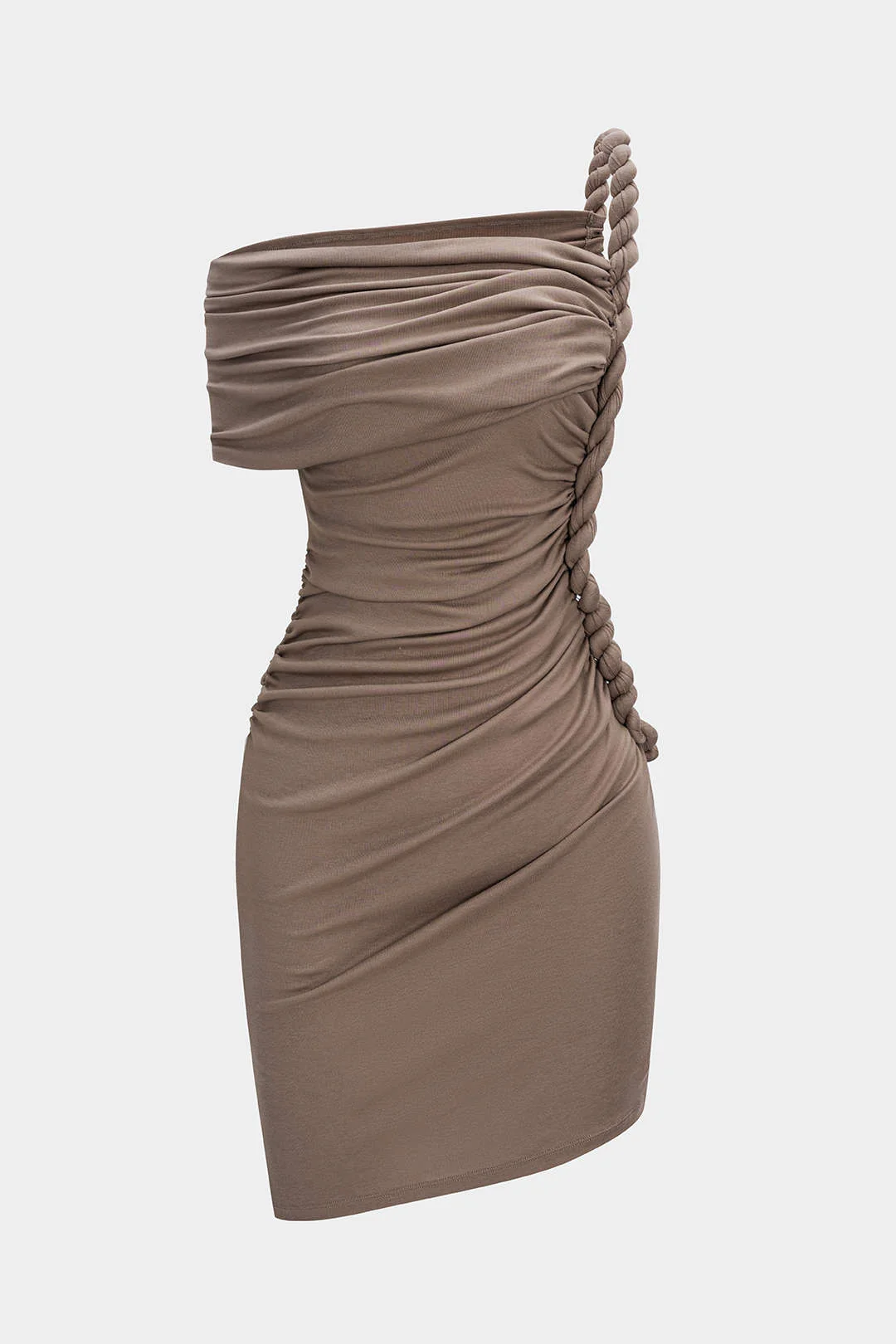 Ruched Twist Knot One Shoulder Short Sleeve Mini Dress - Weenar